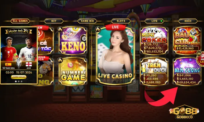 Dễ dàng tìm thấy mini game Kim Cương tại Go88