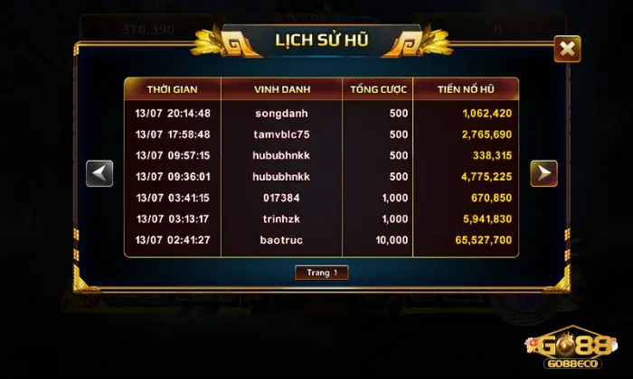 Sơn Tinh Thuỷ Tinh Go88 Xem chi tiết lịch sử nổ hũ trong game